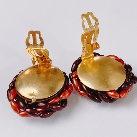 Vintage Hong Kong Beaded Cluster Clip On Earrings Mid Century 1960s Autumn Tones - Picture 8 of 10